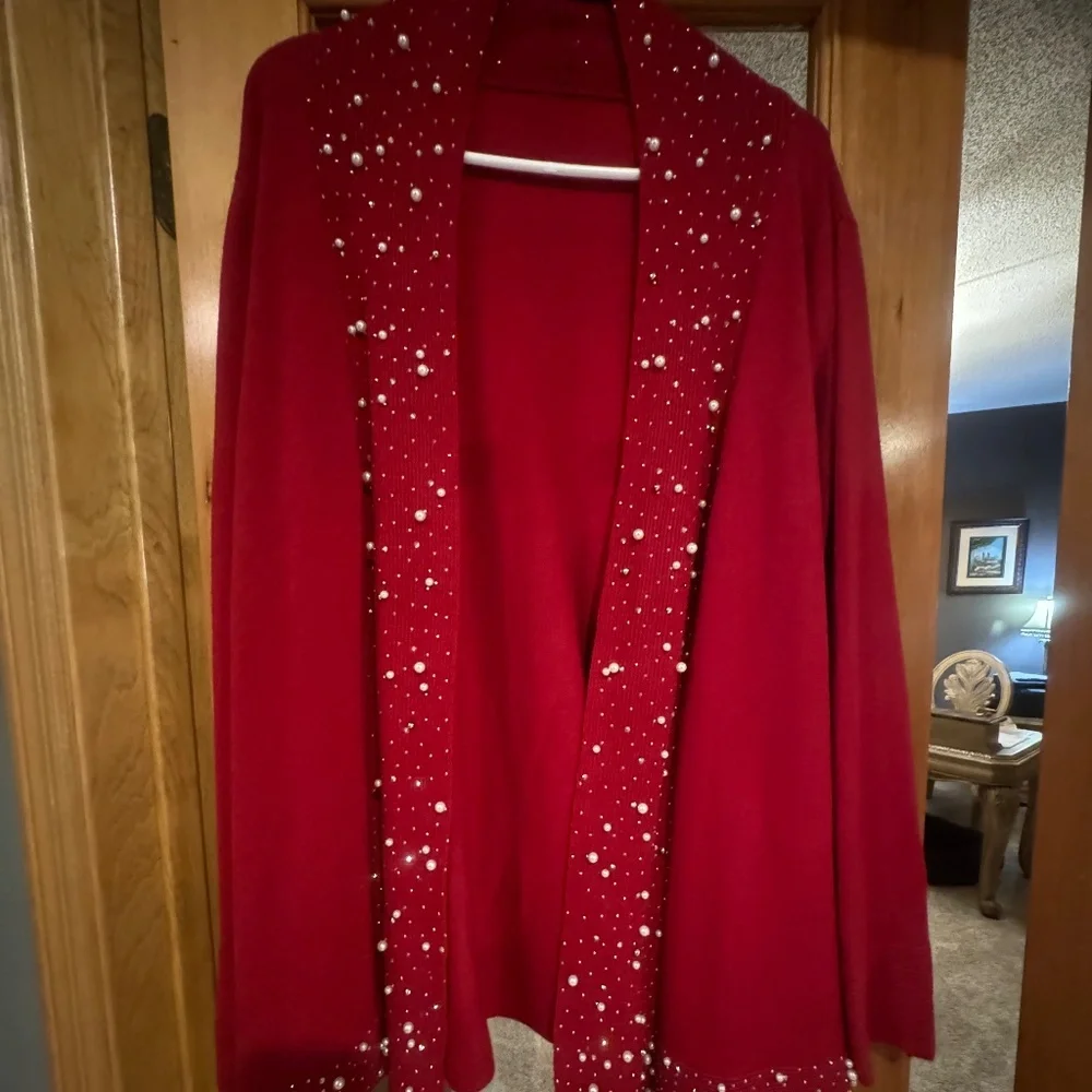 Nu Look Red Cardigan Sweater w/pearls & Crystals around trim sz xl - Picture 4 of 5
